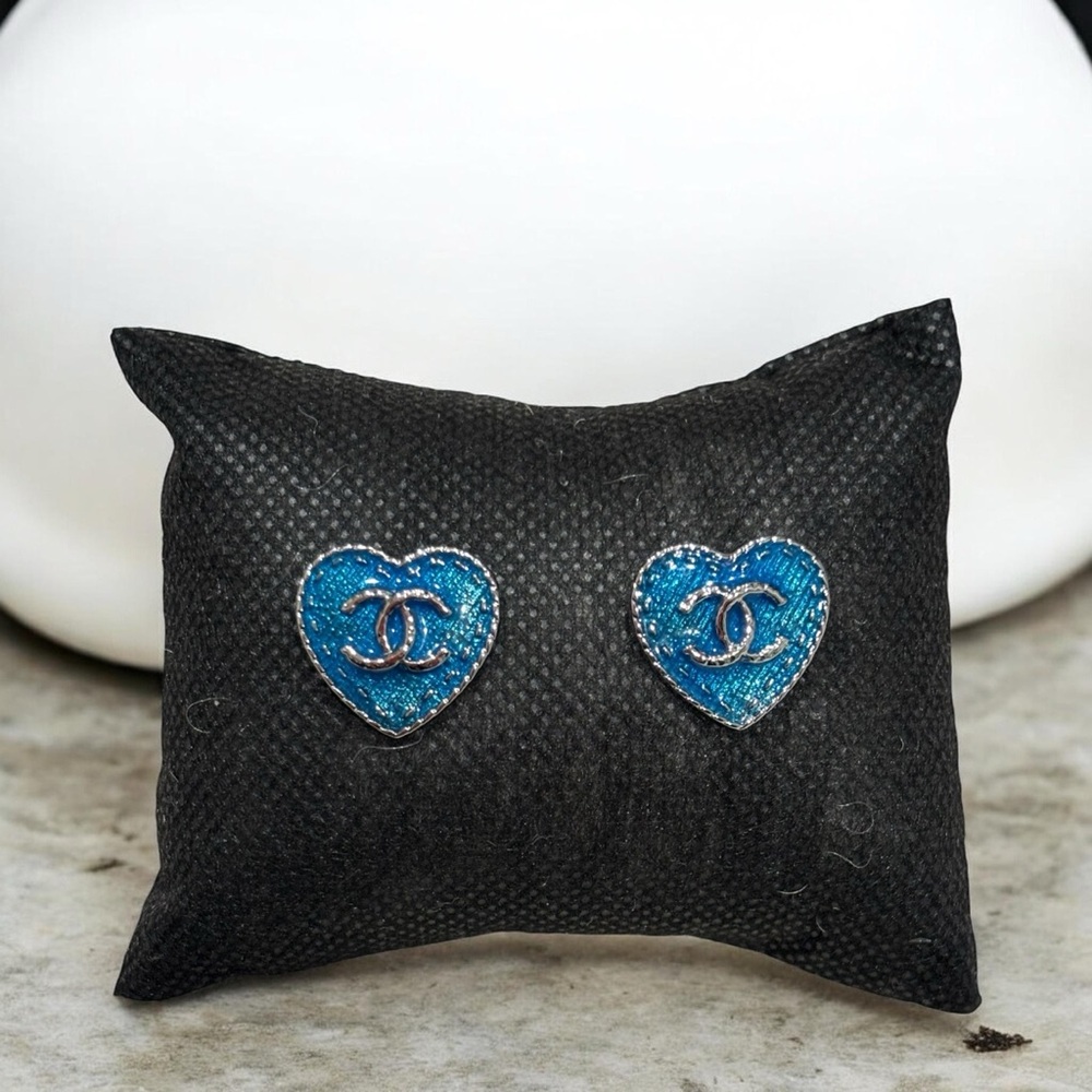 Upcycled Stamped Blue Heart Stud Earrings